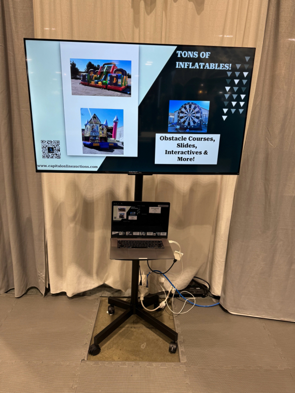 ARA SHOW LOCAL PICK UP ONLY in New Orleans at 1 pm Today: Brand New 50" TV and Stand on Wheels with Shelf! Has Been Used for 3 Day Trade Show. Must Pickup at ARA Show Booth 454 on Wednesday at 1pm!