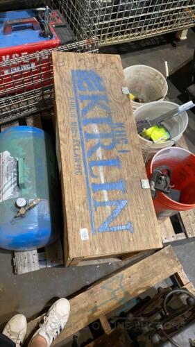 Pallet of Assorted Items - Hydraulic Hand Pump, Pipe Cutters, 11 Gal Air Tank