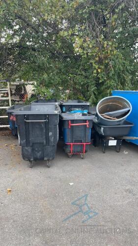 Janitorial lot with 6 dumpsters, wheel barrow trash can and dolly