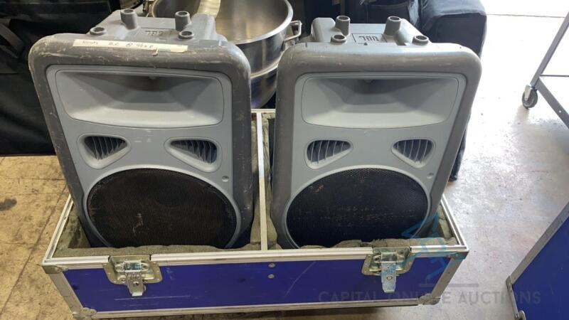 (2) JBL Powered Speakers with Traveling Case on wheels