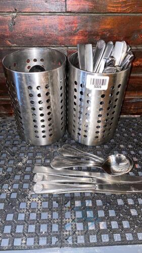 Lot of Assorted Items - Stainless Steel Utensil Holders, Utensils, Glass Condiment Holders, Pepper Grinder