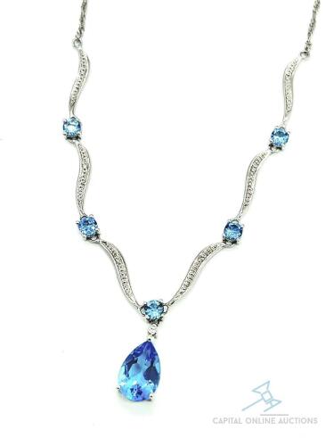 14kt White Gold Blue Topaz and Diamond Pendant Necklace