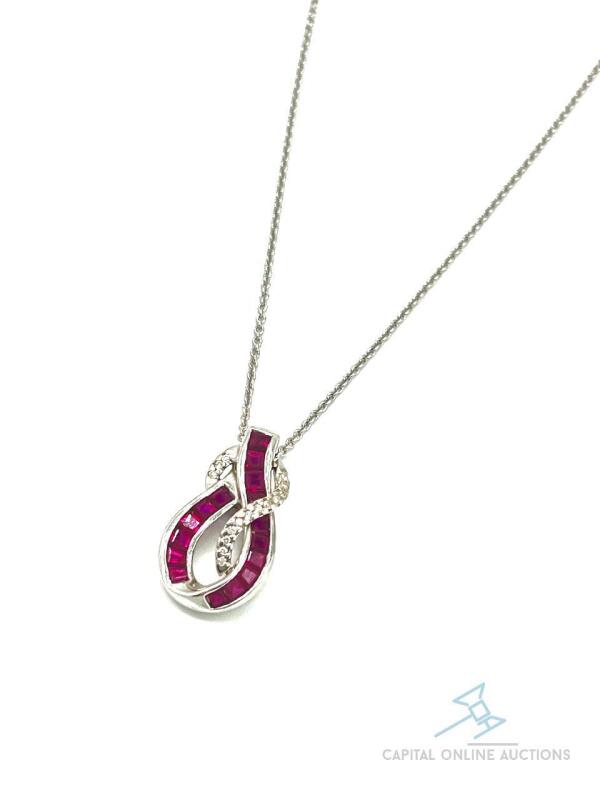 14kt White Gold Ruby and Diamond Pendant Necklace