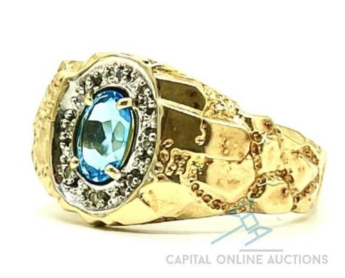 Unisex 10kt Yellow Gold Nugget Ring with Blue Topaz and Diamonds