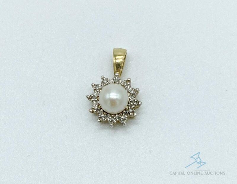 10kt Gold Pearl and Diamond Pendant