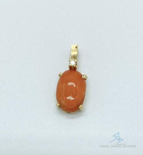 10kt Yellow Gold Coral and Diamond Pendant