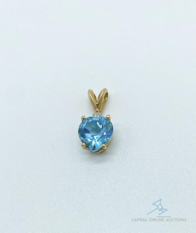 10kt Yellow Gold Blue Topaz and Diamond Pendant