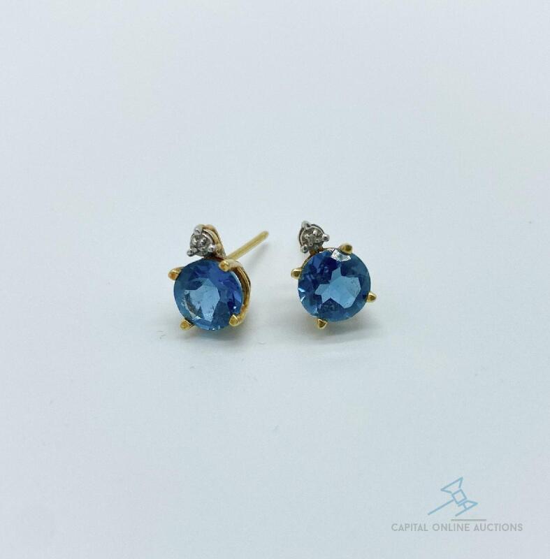 10kt Gold Blue Topaz Diamond Stud Earrings