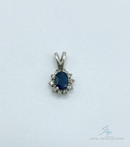 10kt Gold Blue Sapphire and Diamond Halo Pendant