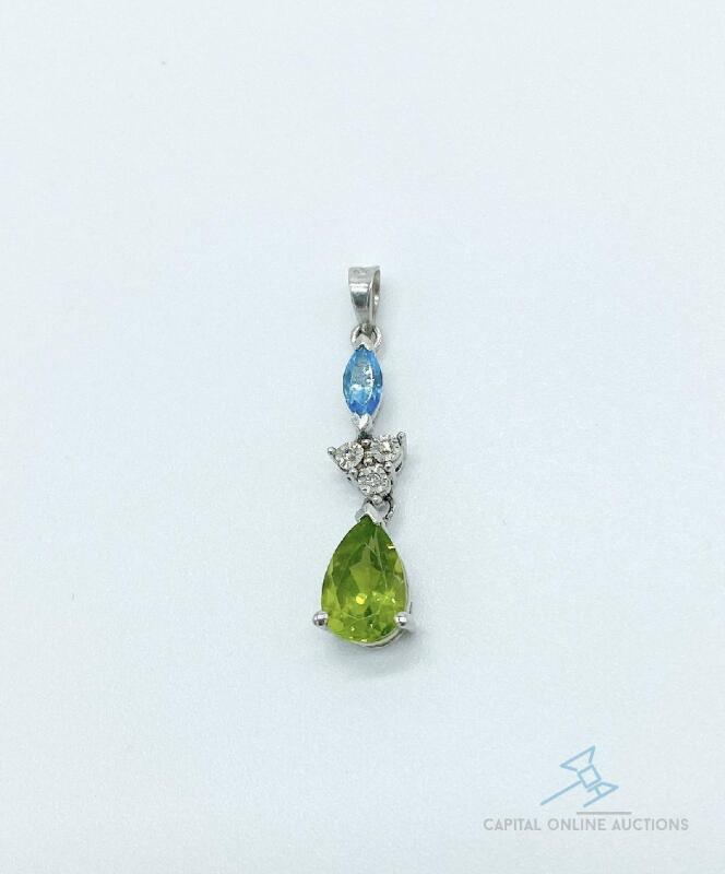 10kt White Gold Peridot, Blue Topaz, and Diamond Pendant