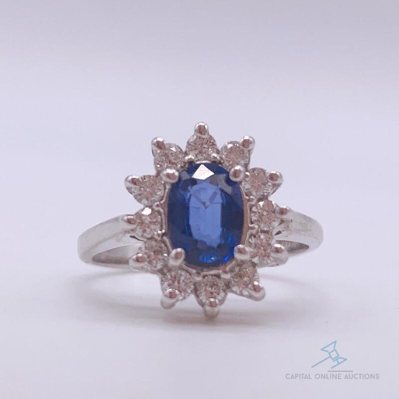 14kt White Gold Blue Sapphire and Diamond Halo Ring