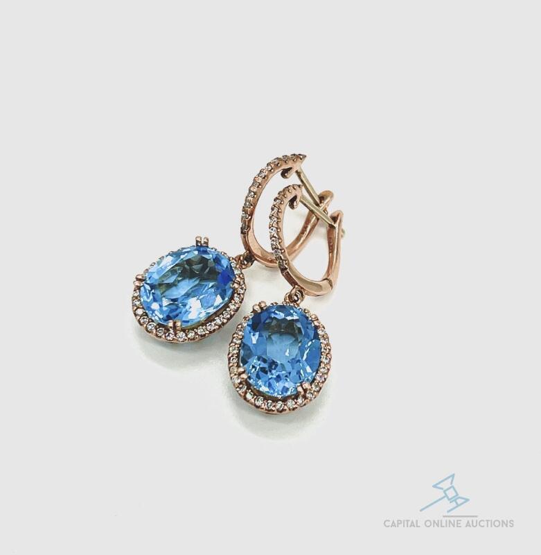 14kt Rose Gold Blue Topaz and Diamond Earrings