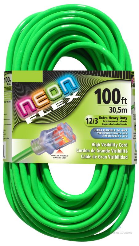 (4) BRAND NEW 100ft Green Extension Cord with Lighted Female End