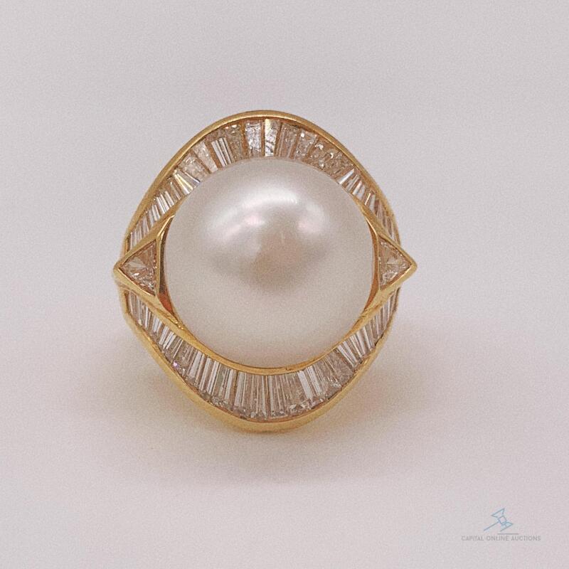18kt Yellow Gold, Pearl, & Diamond Cocktail Ring