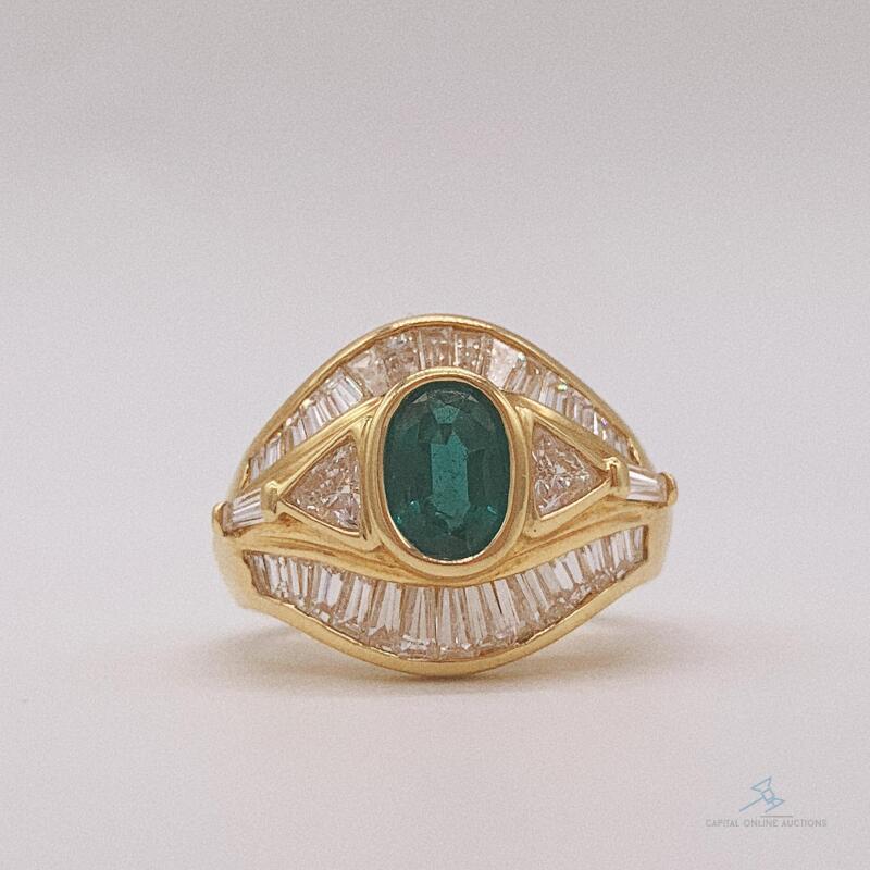 18kt Yellow Gold, Emerald, & Diamond Cocktail Ring