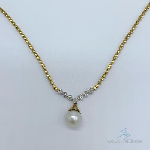 18kt Solid Yellow Gold, Diamond & Pearl Necklace