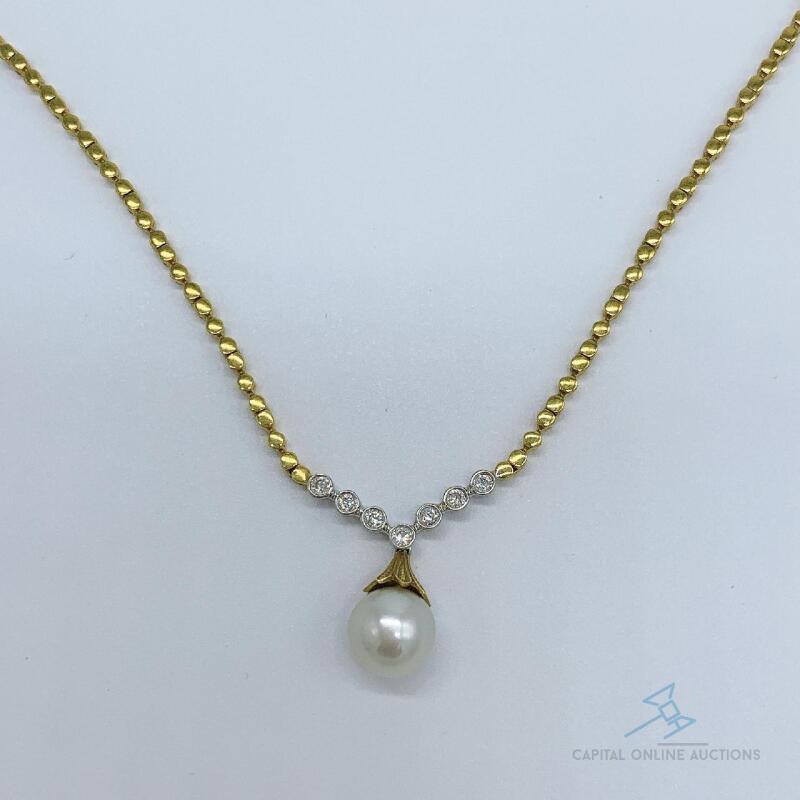 18kt Solid Yellow Gold, Diamond & Pearl Necklace