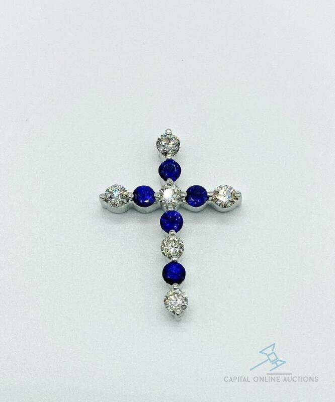 14kt Gold, Blue Sapphire, & Diamond Cross Pendant