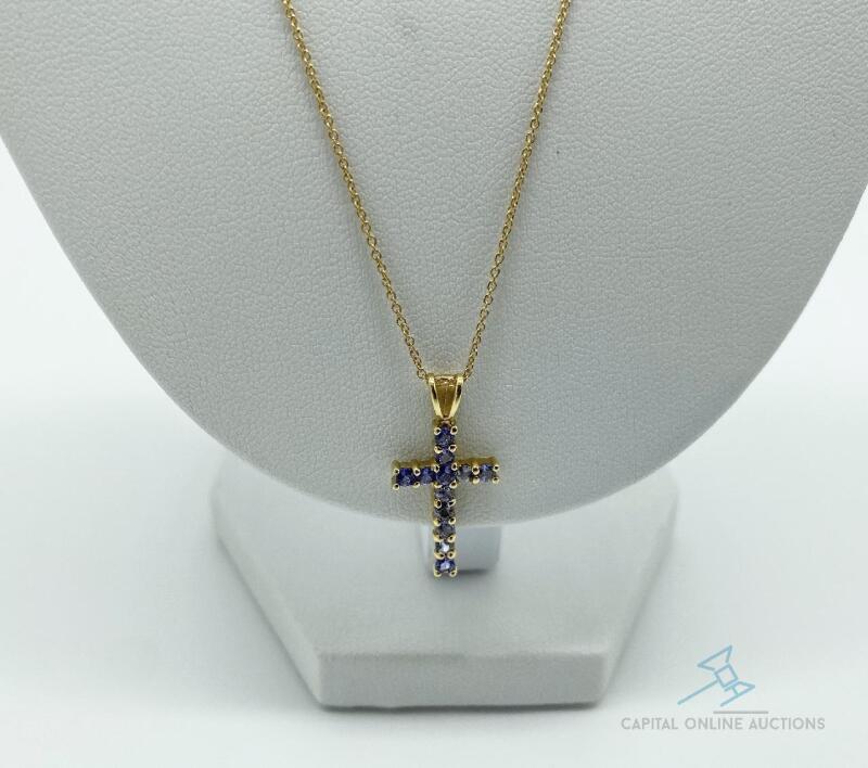 14kt Solid Yellow Gold & Tanzanite Cross Pendant Necklace