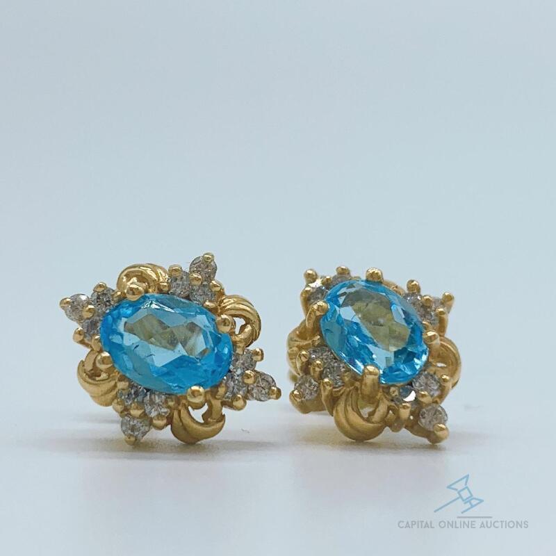 14kt Gold, Blue Topaz, & Diamond Earrings