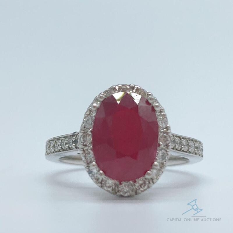 14kt White Gold, Ruby, & Diamond Halo Ring