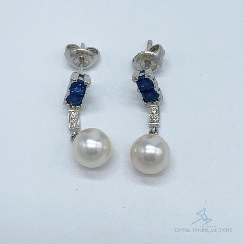 14kt Gold, Pearl, Blue Sapphire, & Diamond Earrings