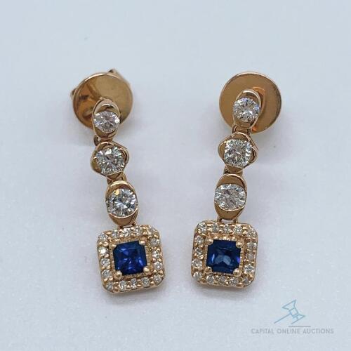 14kt Rose Gold, Blue Sapphire, & Diamond Earrings