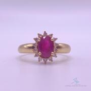 18kt Yellow Gold, Ruby & Diamond Halo Ring