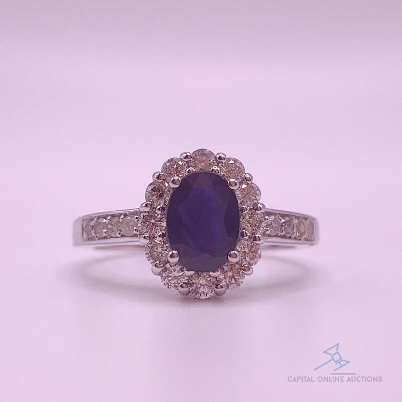 14kt Gold, Blue Sapphire & Diamond Halo Ring