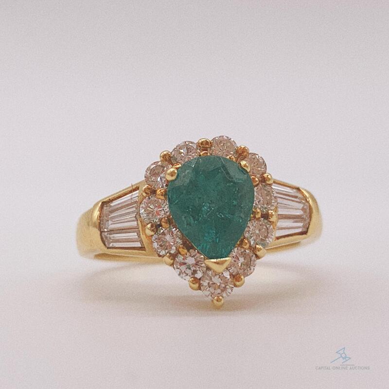 18kt Yellow Gold, Emerald, & Diamond Cocktail Ring