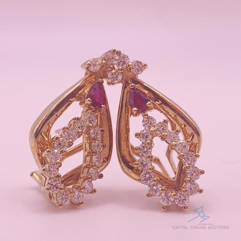 18kt Solid Yellow Gold, Ruby, & Diamond Earrings