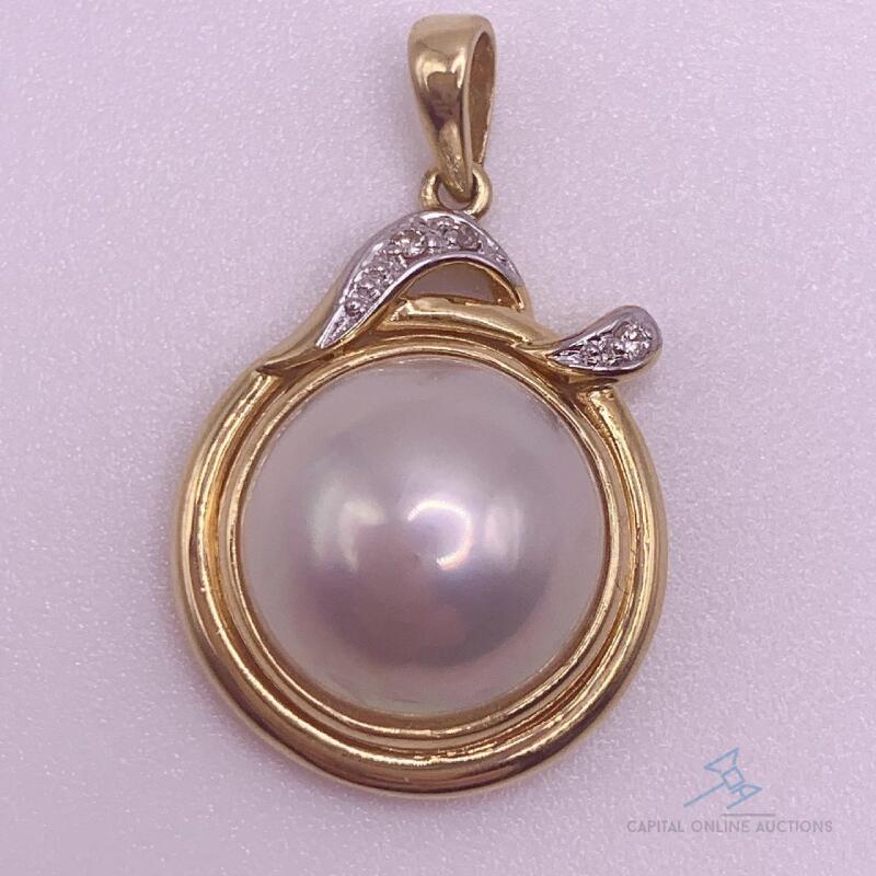 18kt Solid Yellow Gold, Pearl, & Diamond Pendant