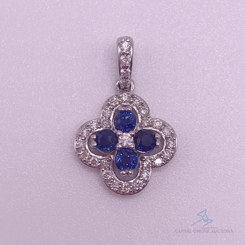 14kt White Gold, Blue Sapphire, & Diamond Pendant