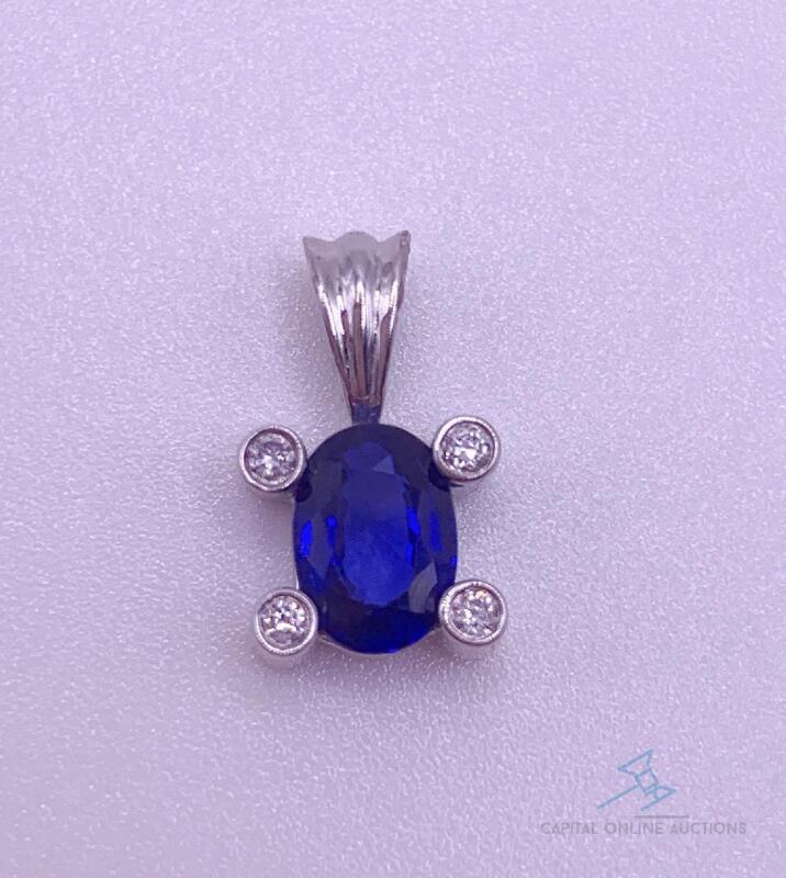 14kt White Gold, Blue Sapphire, & Diamond Pendant