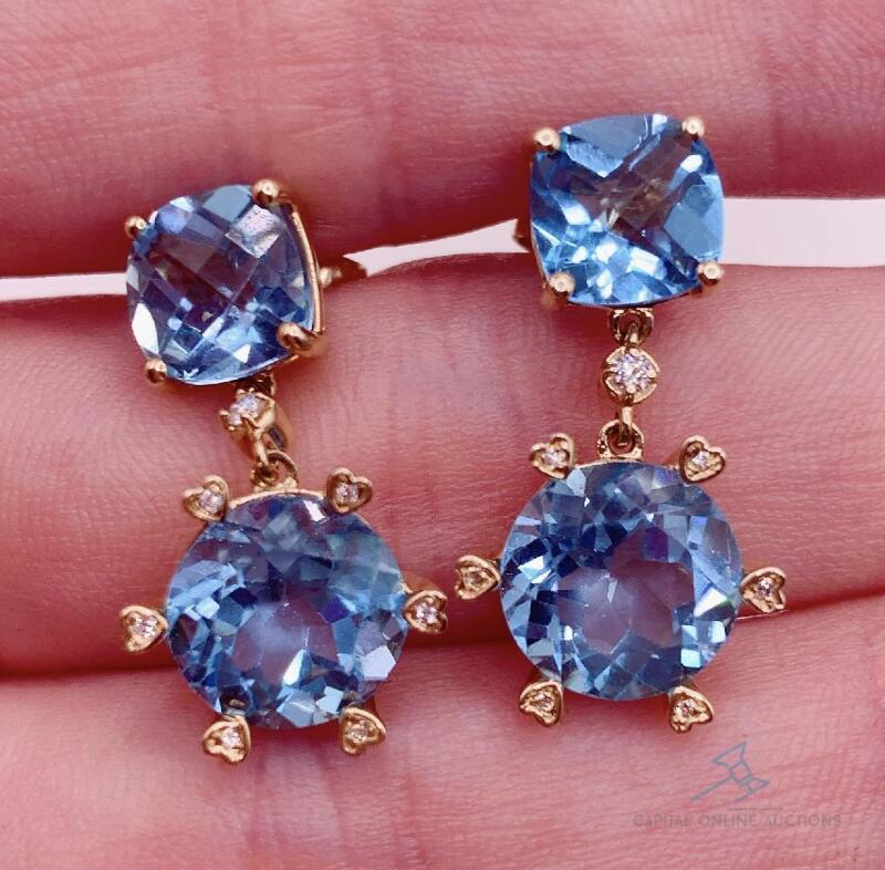 14kt Yellow Gold, Blue Topaz, & Diamond Earrings