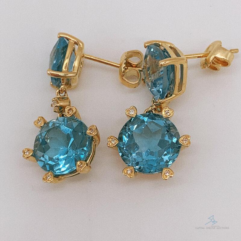 14kt Yellow Gold, Blue Topaz, & Diamond Earrings