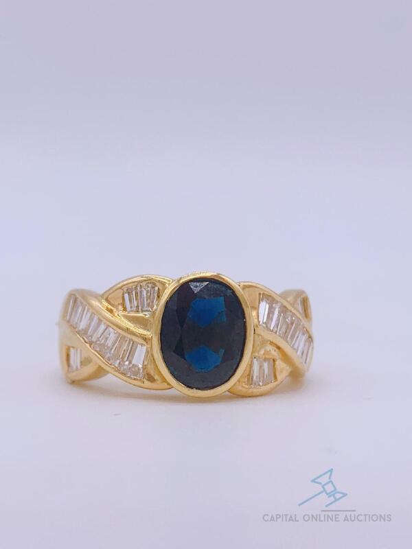 18kt Yellow Gold, Blue Sapphire, & Diamond Cocktail Ring