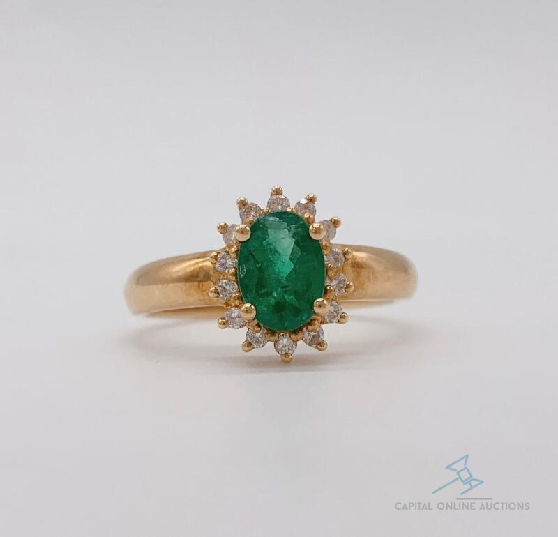 18kt Yellow Gold, Emerald, & Diamond Cocktail Ring