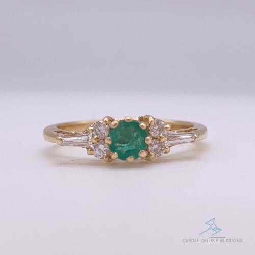 14kt Solid Yellow Gold, Emerald, & Diamond Ring