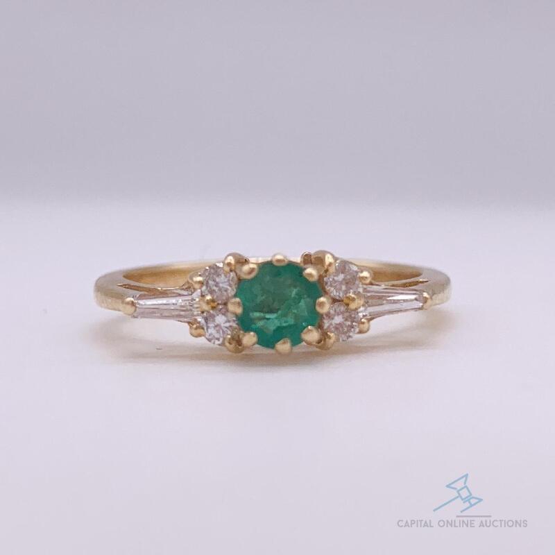 14kt Solid Yellow Gold, Emerald, & Diamond Ring