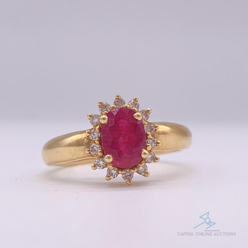 18kt Yellow Gold Ruby & Diamond Halo Ring