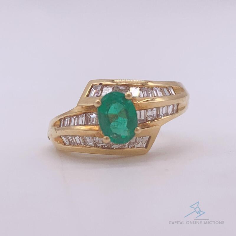 18kt Yellow Gold, Emerald, & Diamond Cocktail Ring