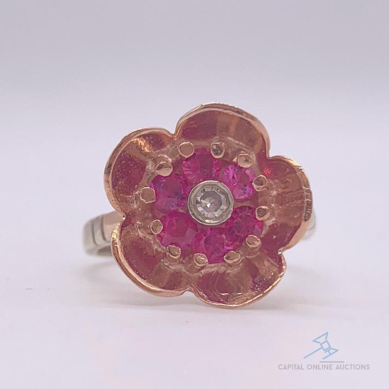 14kt Gold, Ruby, & Diamond Flower Cocktail Ring