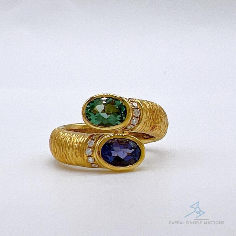 18kt Gold, Tanzanite, & Green Tourmaline Bypass Cocktail Ring with Diamonds!