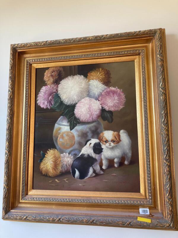 Framed Puppy dog & Flower Picture