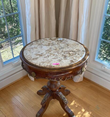Marbletop Wood table with Brass Decoratives
