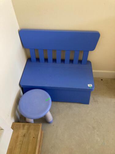 Small Blue Bench (28 inches w)& stool lot