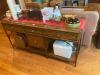 Wooden table w/ 3 drawers & locking drawer (contents not included)