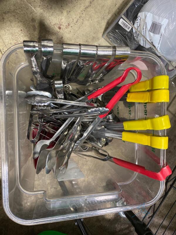 Assorted Tongs in Bin