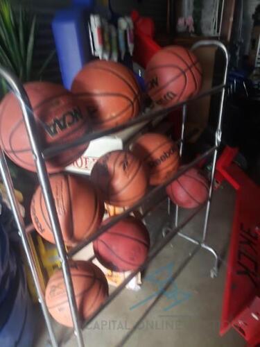 BALL RACK, METAL, PERFECT FOR GYMS/BASKETBALL COURTS/SCHOOLS/DAYCARES, BASKETBALL CONTESTS, DODGEBALLS, KICK BALL, ETC.